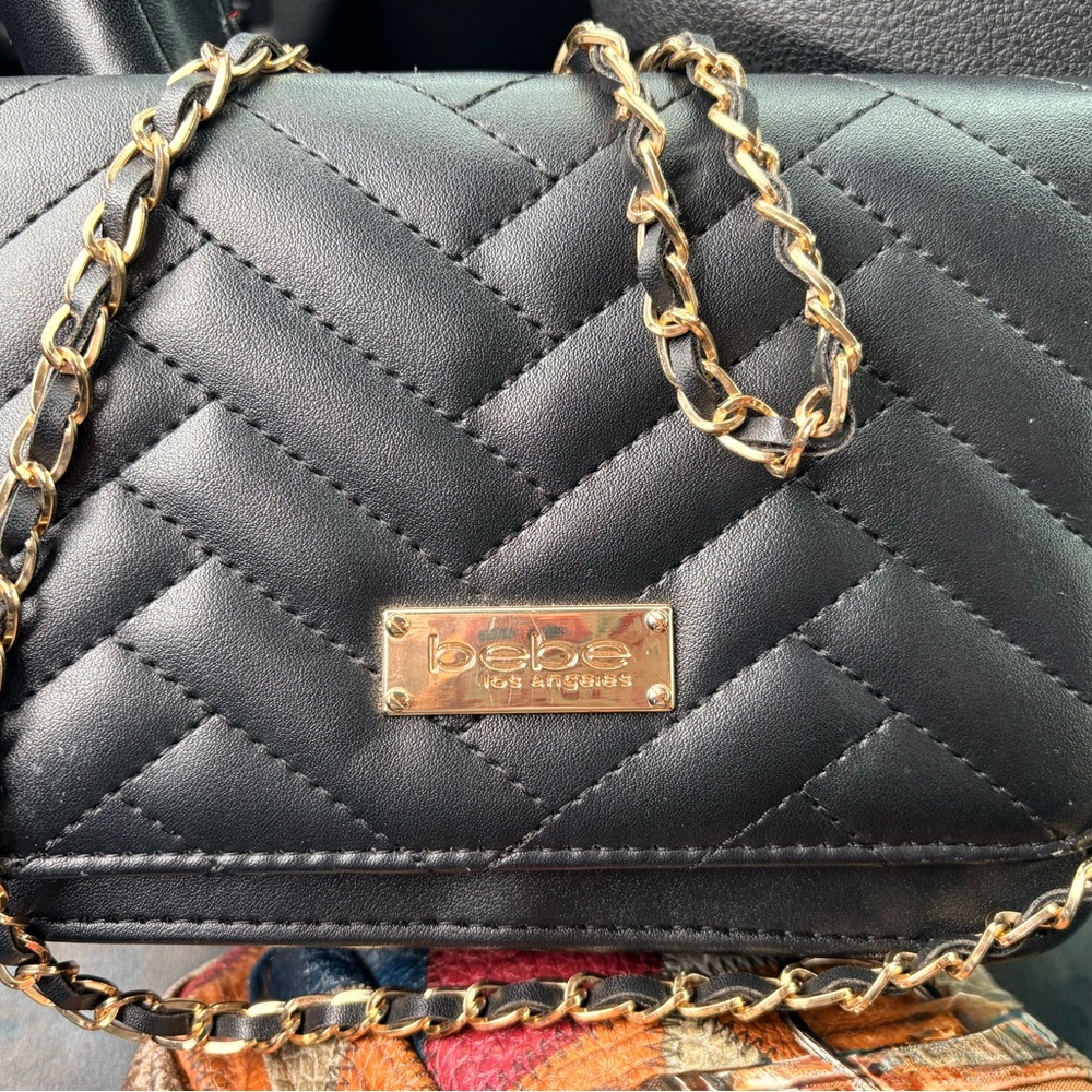 Bebe Black Quilted Crossbody Bag with Gold Chain
